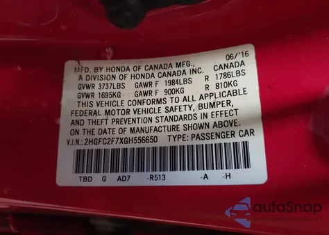 2016 Honda Civic Ex z USA, uszkodzony, nr VIN 2HGFC2F7XGH556650